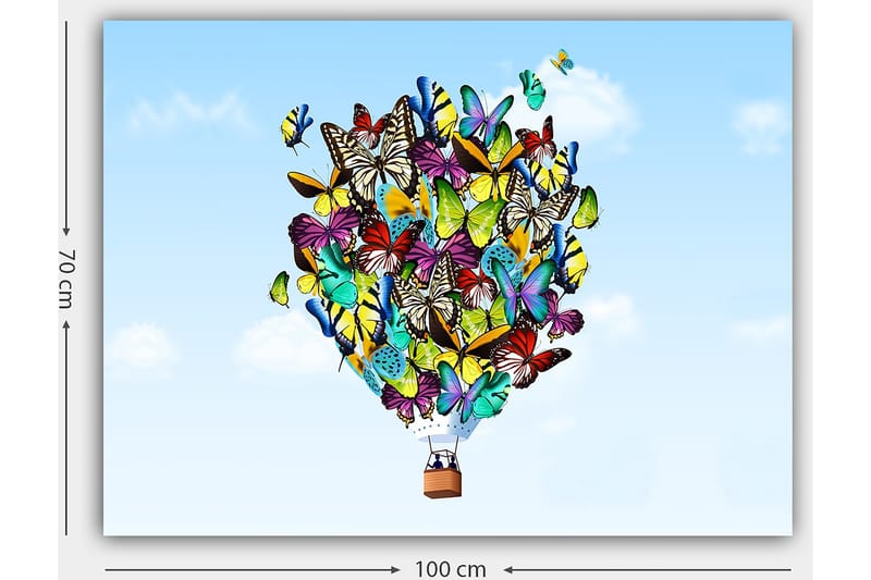 Canvastavla 70x100 cm - Färgglad ballong fylld med olika fjärilar som svävar mot en klar himmel - Grön / Blå / Gul - Inredning & dekor - Tavlor & konst - Canvastavla