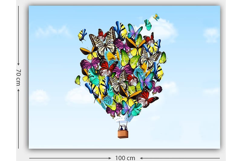 Canvastavla 70x100 cm - Färgglad ballong fylld med olika fjärilar som svävar mot en klar himmel - Grön / Blå / Gul - Inredning & dekor - Tavlor & konst - Canvastavla