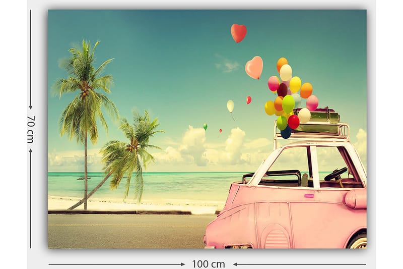 Canvastavla 70x100 cm - Färgglad bil med ballonger på taket, omgiven av palmer och hav, som ger en känsla av sommar och glädje - Rosa / Grönt / Gult - Inredning & dekor - Tavlor & konst - Canvastavla