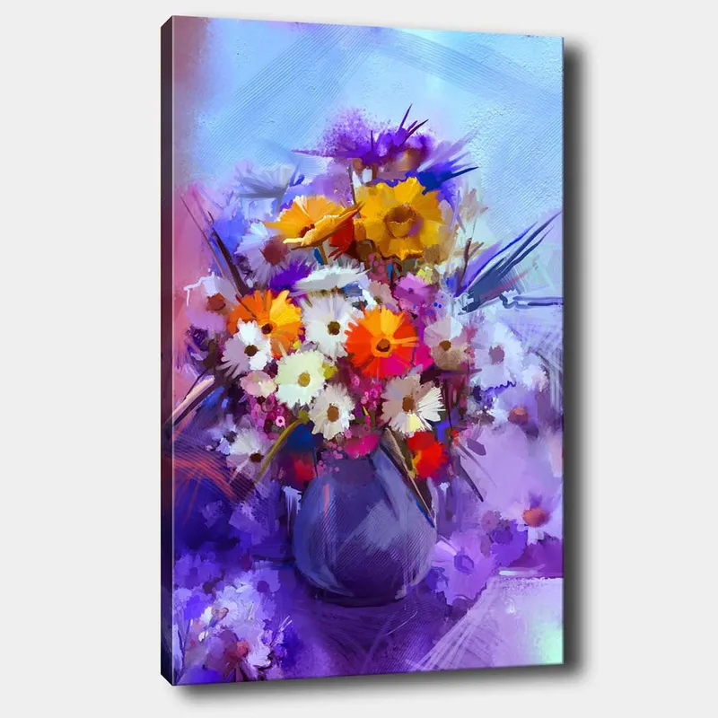 Canvastavla 70x100 cm - Färgglad blomsterbukett i en vas, Lila / Orange / Vit