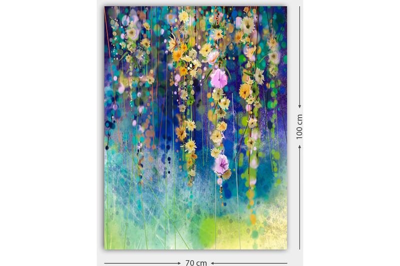 Canvastavla 70x100 cm - Färgglad blomsterkomposition med hängande blommor i olika nyanser - Gult / Lila / Grönt - Inredning & dekor - Tavlor & konst - Canvastavla