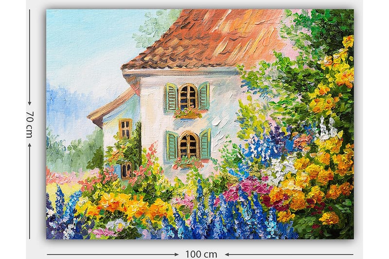 Canvastavla 70x100 cm - Färgglad blomsterträdgård framför ett charmigt hus med fönsterluckor - Gult / Blått / Grönt - Inredning & dekor - Tavlor & konst - Canvastavla