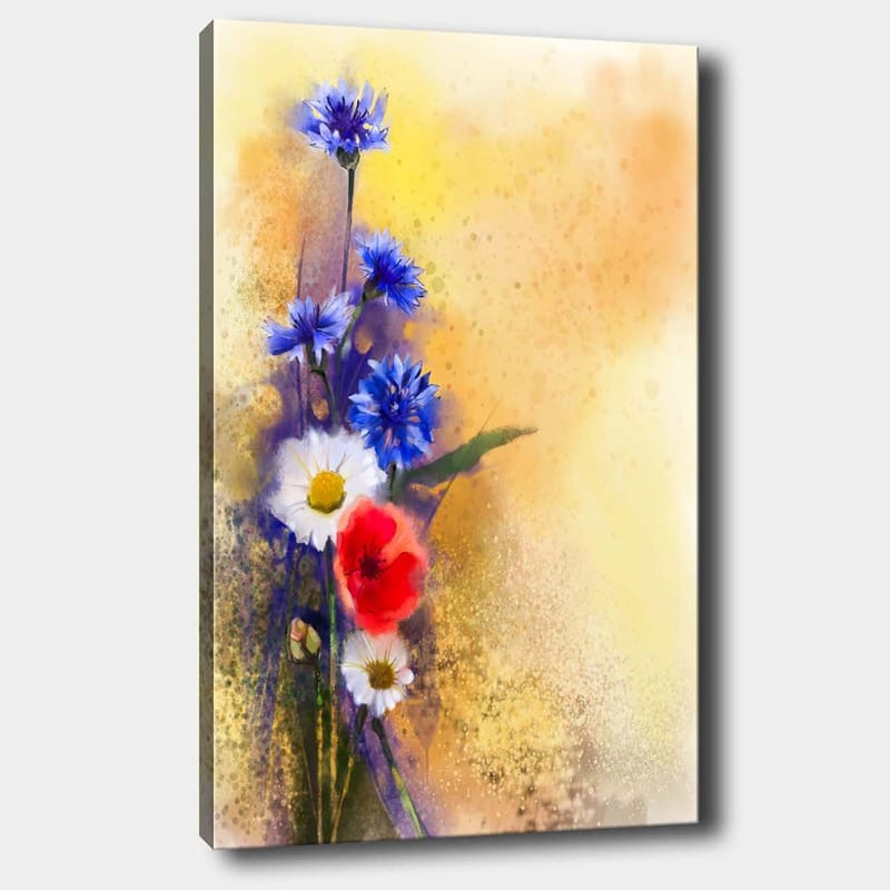 Canvastavla 70x100 cm - Färgglad bukett med blå och röda blommor mot en mjuk, varm bakgrund, Blå / Röd / Vit