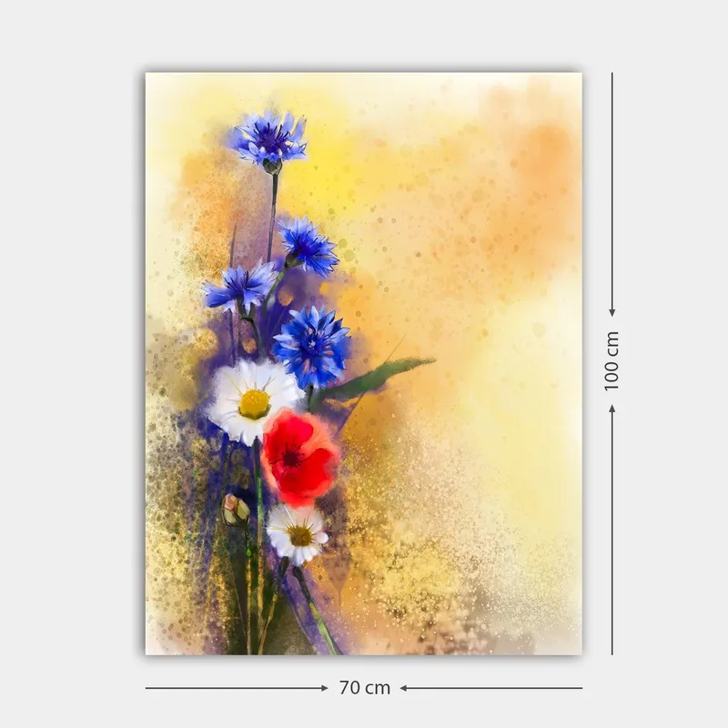 Canvastavla 70x100 cm - Färgglad bukett med blå och röda blommor mot en mjuk, varm bakgrund - Blå / Röd / Vit - Inredning & dekor - Tavlor & konst - Canvastavla