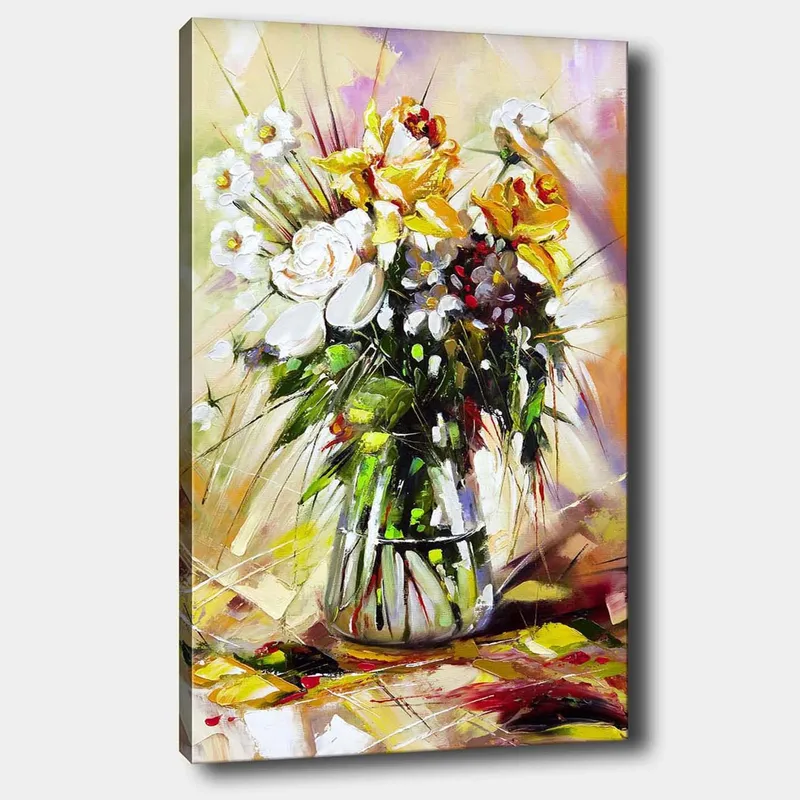 Canvastavla 70x100 cm - Färgglad bukett med blommor i en glasvas, Gult / Vitt / Grönt