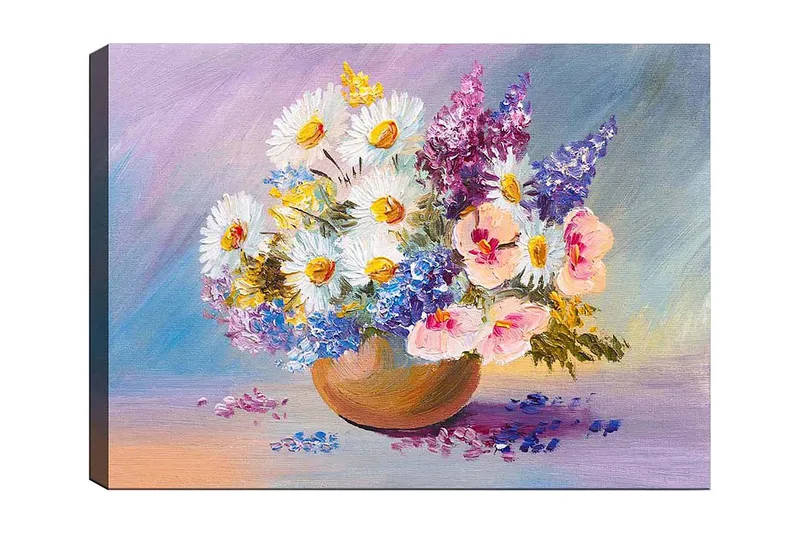 Canvastavla 70x100 cm - Färgglad bukett med blommor i en keramikskål, Vit / Lila / Rosa