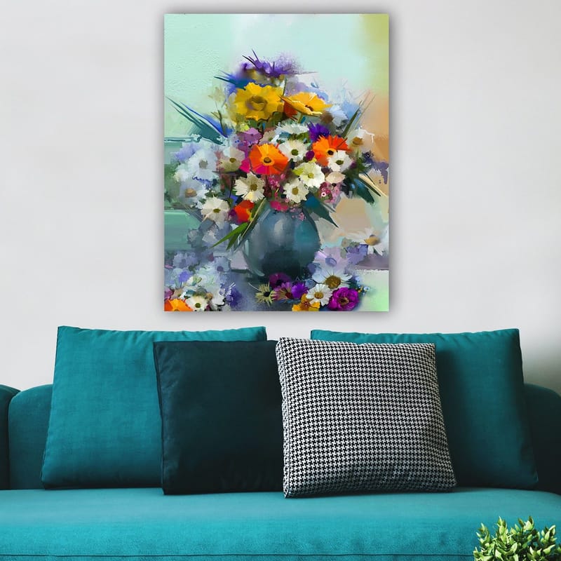 Canvastavla 70x100 cm - Färgglad bukett med blommor i en vas - Gul / Orange / Lila - Inredning & dekor - Tavlor & konst - Canvastavla