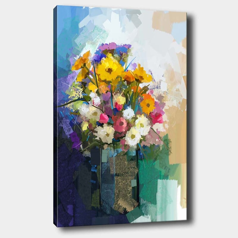 Canvastavla 70x100 cm - Färgglad bukett med blommor i en vas, Gul / Rosa / Vit
