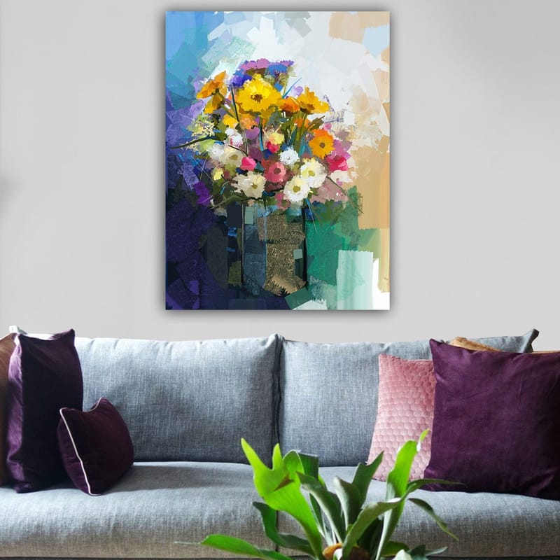 Canvastavla 70x100 cm - Färgglad bukett med blommor i en vas - Gul / Rosa / Vit - Inredning & dekor - Tavlor & konst - Canvastavla