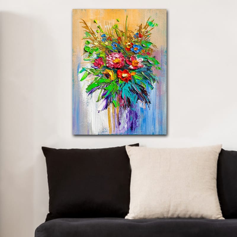 Canvastavla 70x100 cm - Färgglad bukett med blommor i olika former och nyanser - Grön / R öd / Lila - Inredning & dekor - Tavlor & konst - Canvastavla