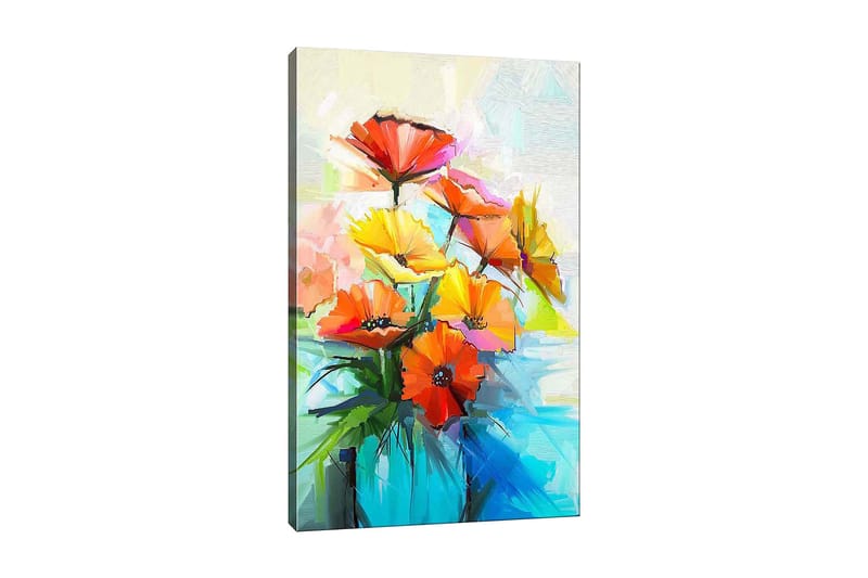 Canvastavla 70x100 cm - Färgglad bukett med blommor i olika nyanser av orange och gult, Orange / Gult / Grönt