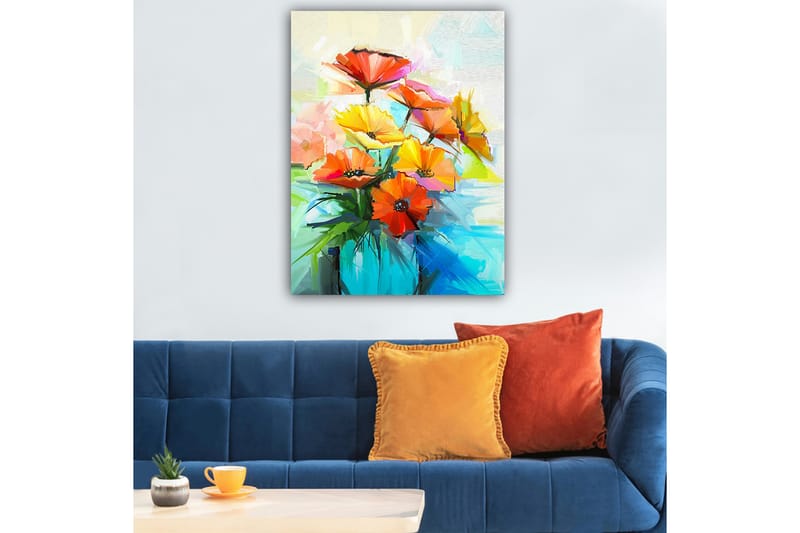 Canvastavla 70x100 cm - Färgglad bukett med blommor i olika nyanser av orange och gult - Orange / Gult / Grönt - Inredning & dekor - Tavlor & konst - Canvastavla