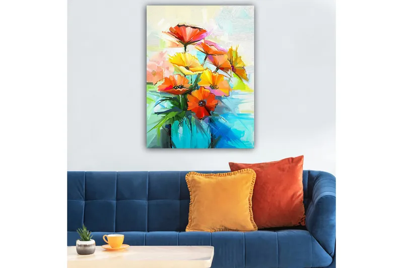 Canvastavla 70x100 cm - Färgglad bukett med blommor i olika nyanser av orange och gult - Orange / Gult / Grönt - Inredning & dekor - Tavlor & konst - Canvastavla