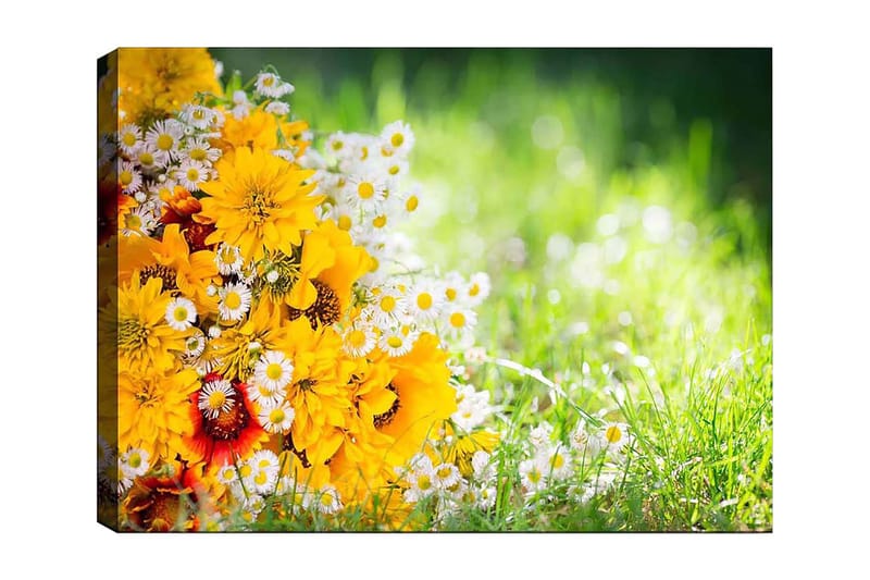 Canvastavla 70x100 cm - Färgglad bukett med gula blommor och vita prästkragar, Gult / Vitt / Orange
