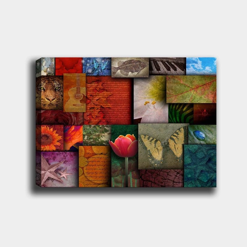 Canvastavla 70x100 cm - Färgglad collage av olika motiv inklusive blommor, djur och abstrakta mönster - Röd / Orange / Grön - Inredning & dekor - Tavlor & konst - Canvastavla
