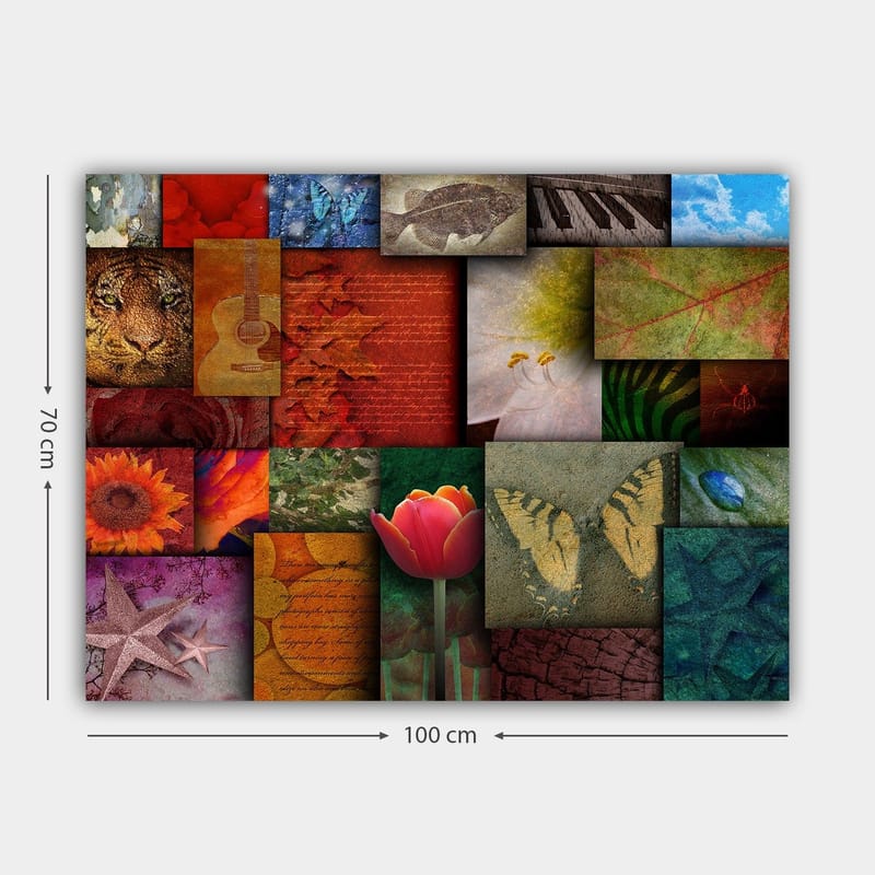Canvastavla 70x100 cm - Färgglad collage av olika motiv inklusive blommor, djur och abstrakta mönster - Röd / Orange / Grön - Inredning & dekor - Tavlor & konst - Canvastavla