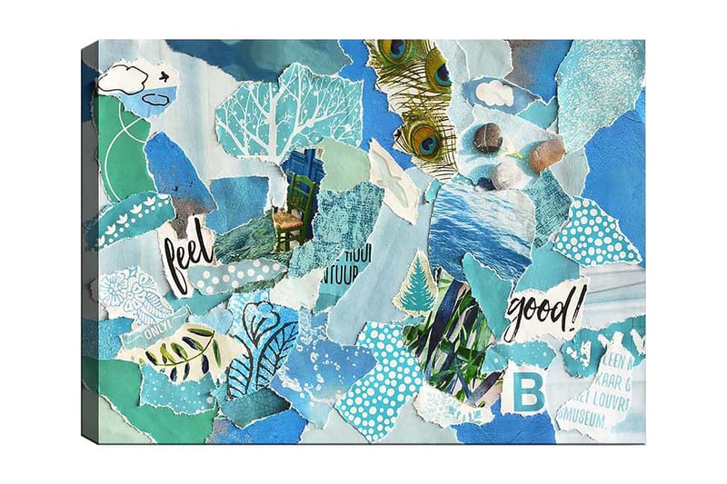 Canvastavla 70x100 cm - Färgglad collage med inslag av natur och positiva budskap - Blå / Grön / Turkos - Inredning & dekor - Tavlor & konst - Canvastavla