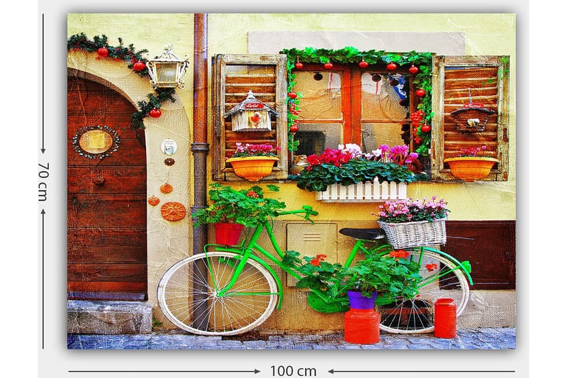 Canvastavla 70x100 cm - Färgglad cykel prydd med blommor och krukor framför en charmig vägg med fönster och dekorationer - Grön / Rosa / Orange - Inredning & dekor - Tavlor & konst - Canvastavla