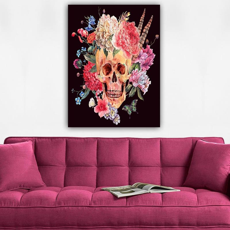 Canvastavla 70x100 cm - Färgglad dödskalle omgiven av blommor - Rosa / Gul / Grön - Inredning & dekor - Tavlor & konst - Canvastavla