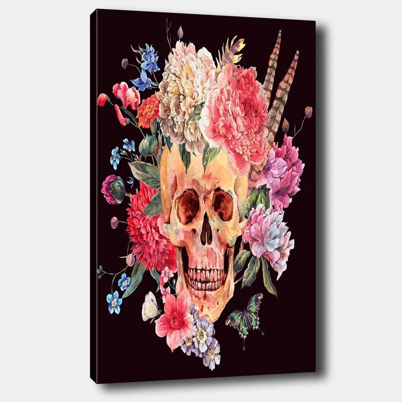 Canvastavla 70x100 cm - Färgglad dödskalle omgiven av blommor, Rosa / Gul / Grön