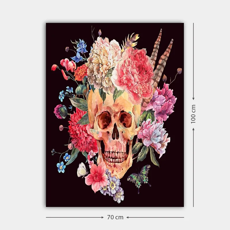 Canvastavla 70x100 cm - Färgglad dödskalle omgiven av blommor - Rosa / Gul / Grön - Inredning & dekor - Tavlor & konst - Canvastavla