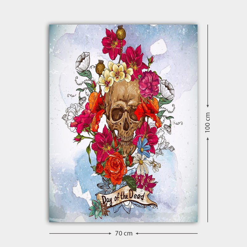 Canvastavla 70x100 cm - Färgglad dödskalle omgiven av blommor, symboliserande Día de los Muertos - Röd / Rosa / Gul - Inredning & dekor - Tavlor & konst - Canvastavla