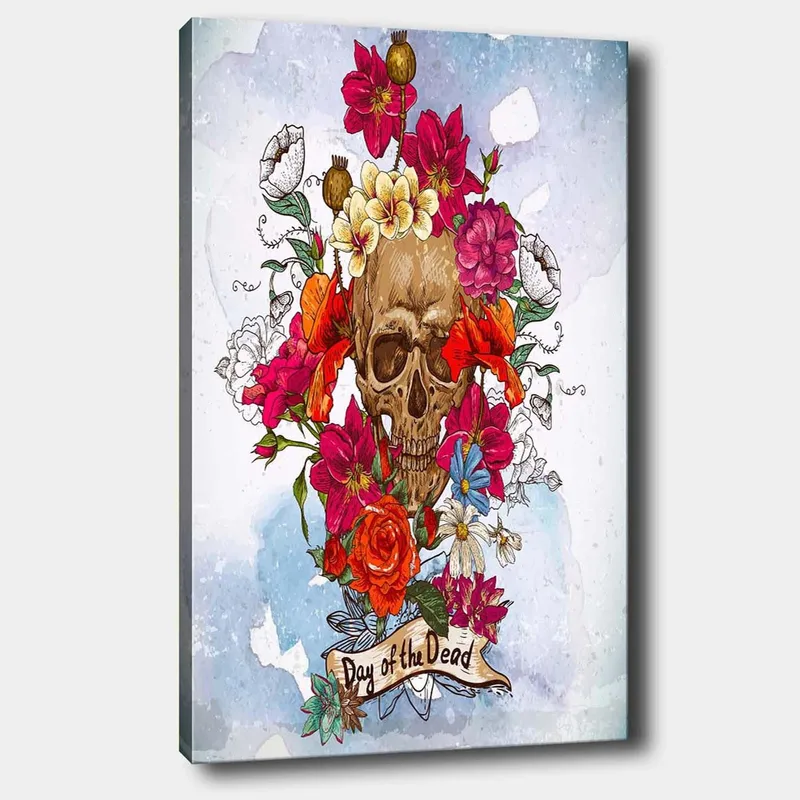 Canvastavla 70x100 cm - Färgglad dödskalle omgiven av blommor, symboliserande Día de los Muertos - Röd / Rosa / Gul - Inredning & dekor - Tavlor & konst - Canvastavla