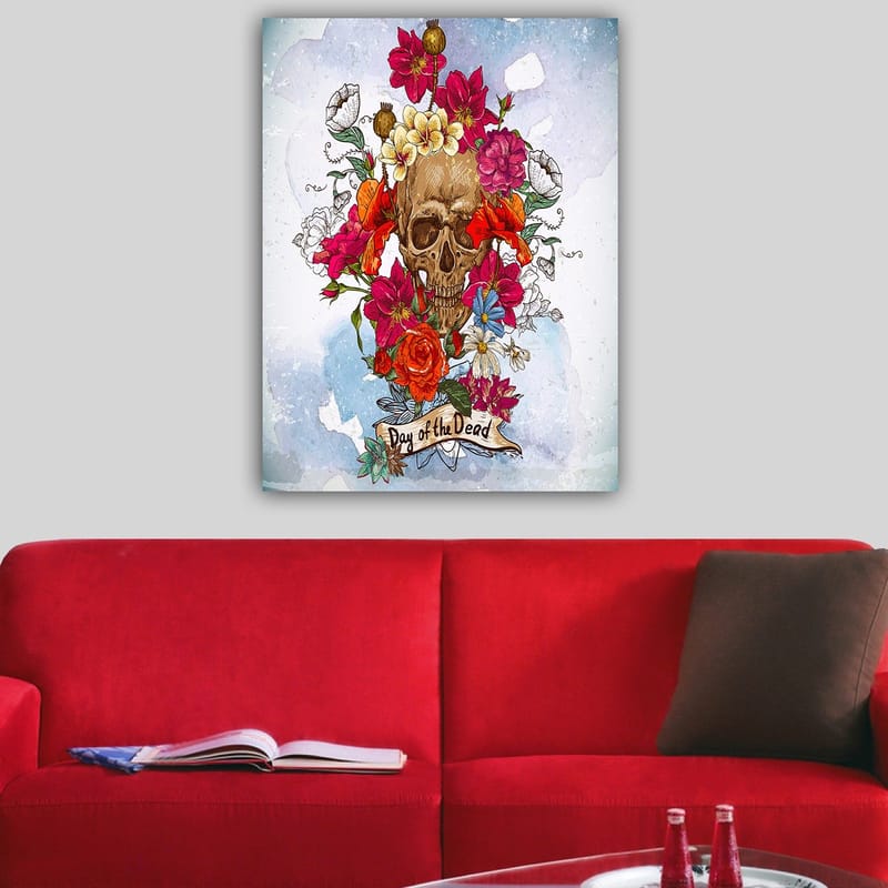 Canvastavla 70x100 cm - Färgglad dödskalle omgiven av blommor, symboliserande Día de los Muertos - Röd / Rosa / Gul - Inredning & dekor - Tavlor & konst - Canvastavla