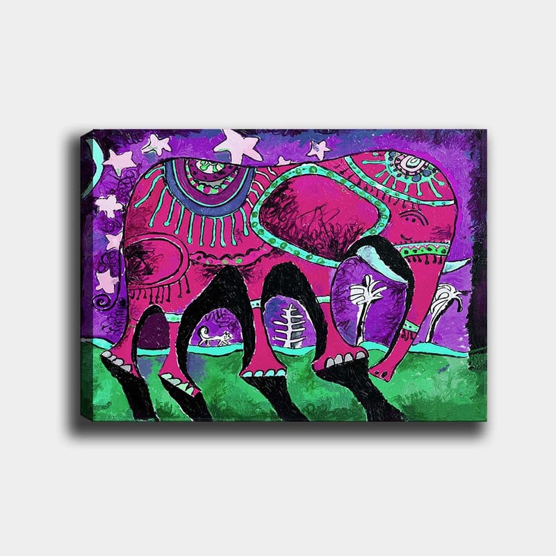 Canvastavla 70x100 cm - Färgglad elefant med dekorativa mönster och symboler - Lila / Rosa / Grön - Inredning & dekor - Tavlor & konst - Canvastavla