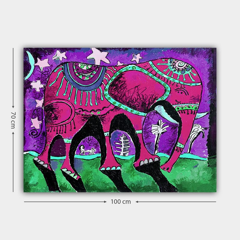 Canvastavla 70x100 cm - Färgglad elefant med dekorativa mönster och symboler - Lila / Rosa / Grön - Inredning & dekor - Tavlor & konst - Canvastavla