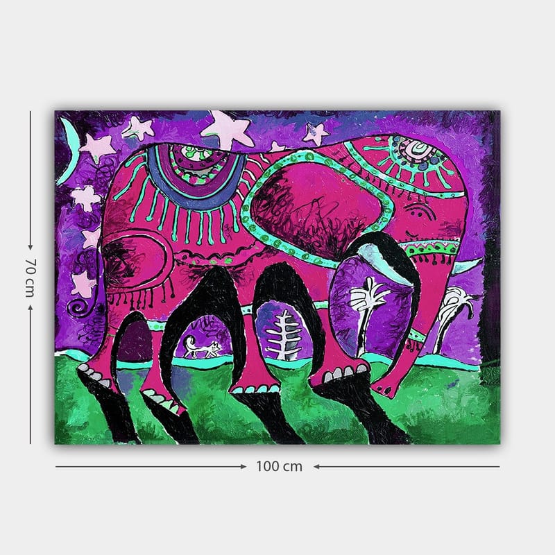 Canvastavla 70x100 cm - Färgglad elefant med dekorativa mönster och symboler - Lila / Rosa / Grön - Inredning & dekor - Tavlor & konst - Canvastavla