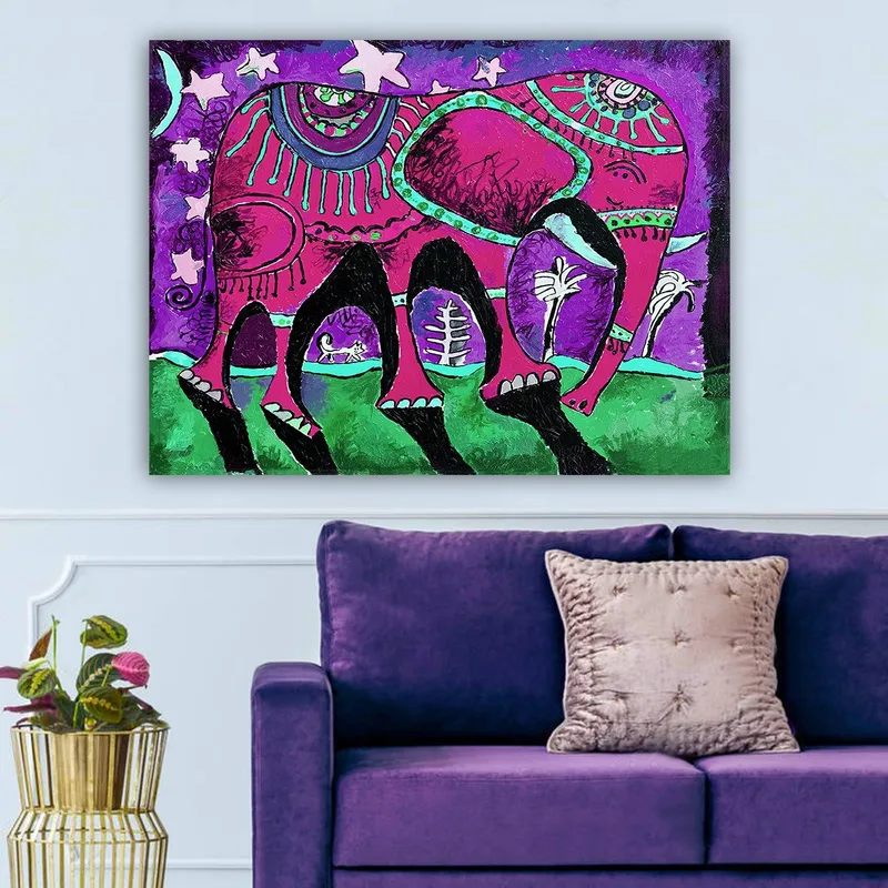 Canvastavla 70x100 cm - Färgglad elefant med dekorativa mönster och symboler - Lila / Rosa / Grön - Inredning & dekor - Tavlor & konst - Canvastavla