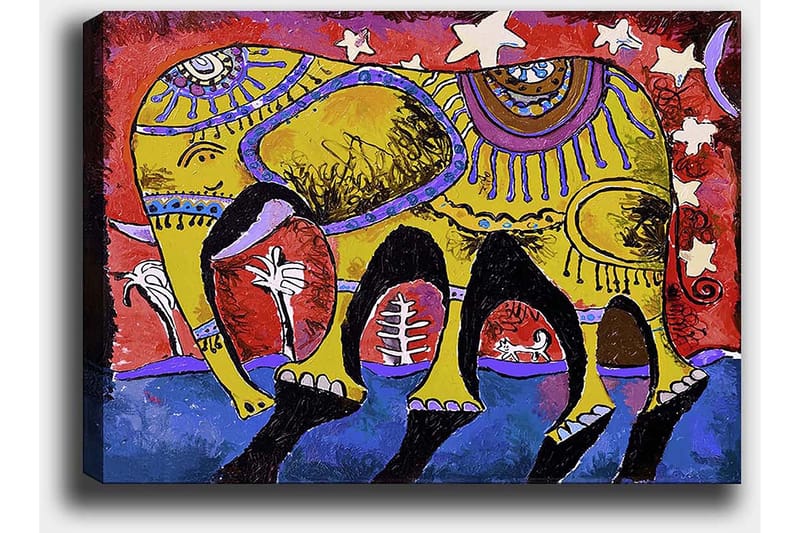 Canvastavla 70x100 cm - Färgglad elefant med dekorativa mönster på en livlig bakgrund - Gul / Röd / Blå - Inredning & dekor - Tavlor & konst - Canvastavla