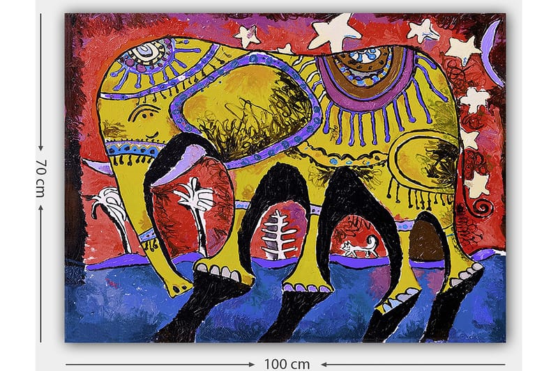 Canvastavla 70x100 cm - Färgglad elefant med dekorativa mönster på en livlig bakgrund - Gul / Röd / Blå - Inredning & dekor - Tavlor & konst - Canvastavla