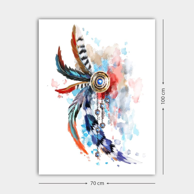 Canvastavla 70x100 cm - Färgglad fjäderprydnad med en central cirkel och hängande detaljer - Blå / Röd / Svart - Inredning & dekor - Tavlor & konst - Canvastavla