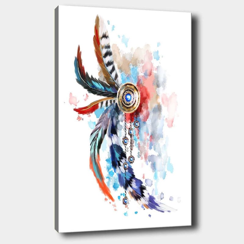 Canvastavla 70x100 cm - Färgglad fjäderprydnad med en central cirkel och hängande detaljer - Blå / Röd / Svart - Inredning & dekor - Tavlor & konst - Canvastavla