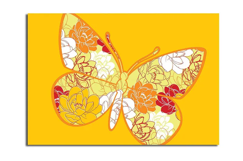 Canvastavla 70x100 cm - Färgglad fjäril med blommotiv i livfulla nyanser, Gul / Orange / Röd