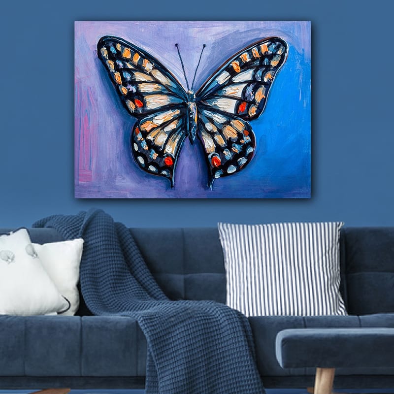Canvastavla 70x100 cm - Färgglad fjäril med detaljerade mönster i vingar - Blå / Orange / Svart - Inredning & dekor - Tavlor & konst - Canvastavla