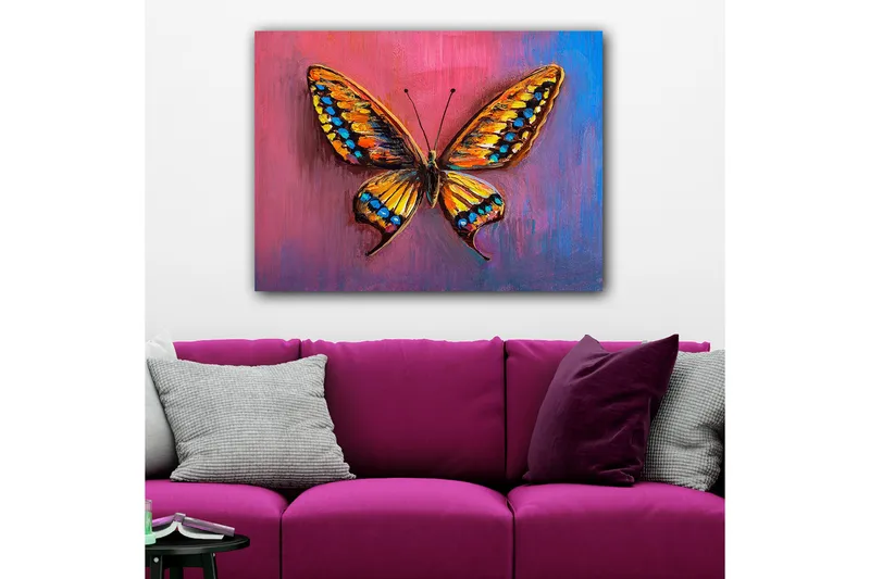Canvastavla 70x100 cm - Färgglad fjäril med detaljerade vingar i orange och blått, Orange / Blå / Lila