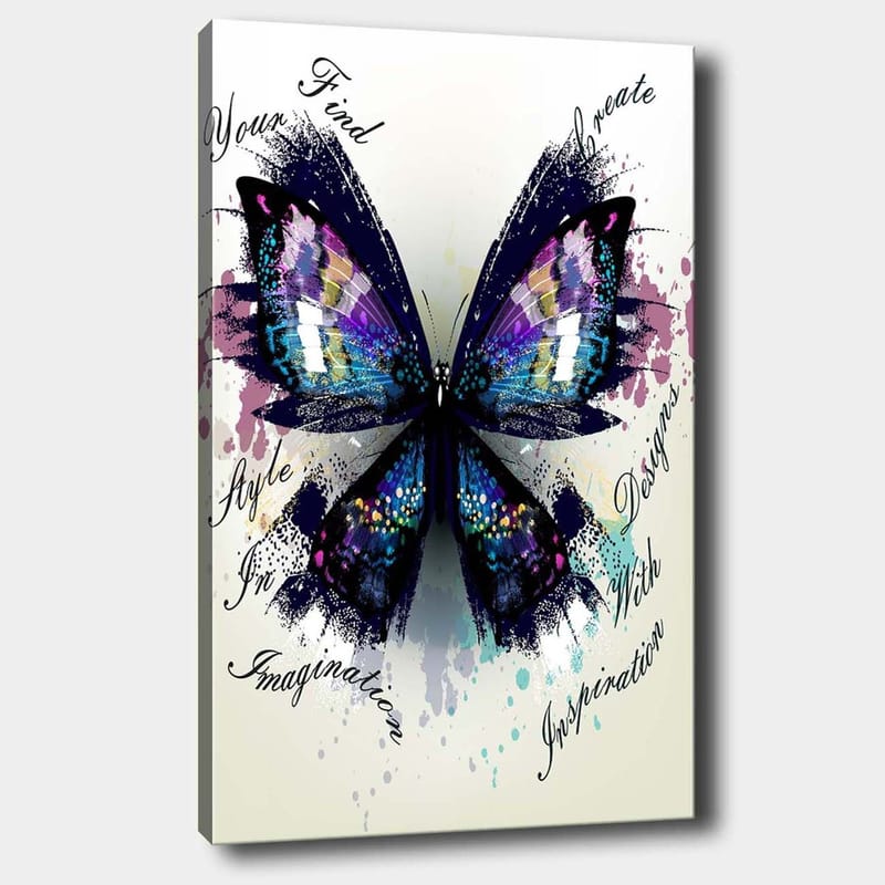 Canvastavla 70x100 cm - Färgglad fjäril med detaljerade vingar som symboliserar kreativitet och inspiration, Lila / Blå / Svart