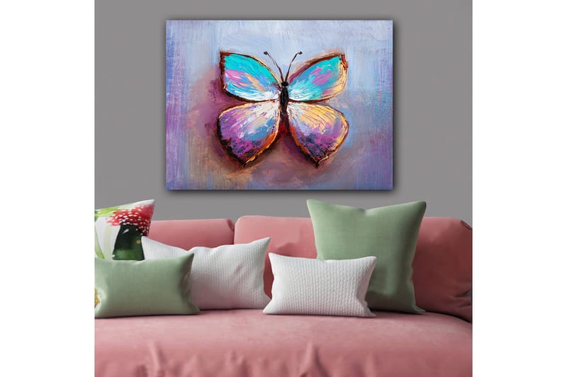 Canvastavla 70x100 cm - Färgglad fjäril med vackra mönster, Turkos / Lila / Orange