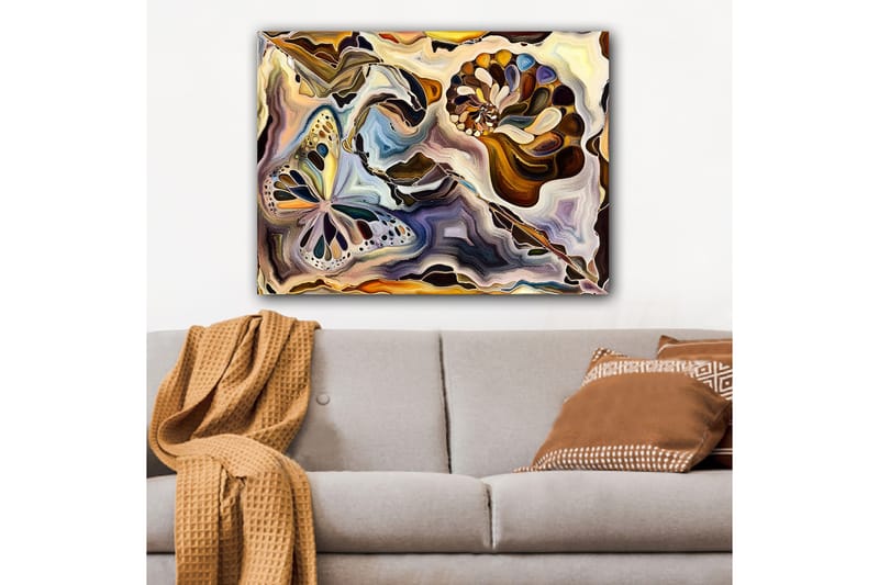 Canvastavla 70x100 cm - Färgglad fjäril och snäcka som svävar i en abstrakt komposition - Guld / Blå / Brun - Inredning & dekor - Tavlor & konst - Canvastavla