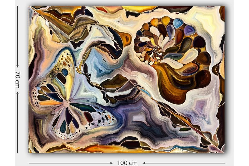 Canvastavla 70x100 cm - Färgglad fjäril och snäcka som svävar i en abstrakt komposition - Guld / Blå / Brun - Inredning & dekor - Tavlor & konst - Canvastavla