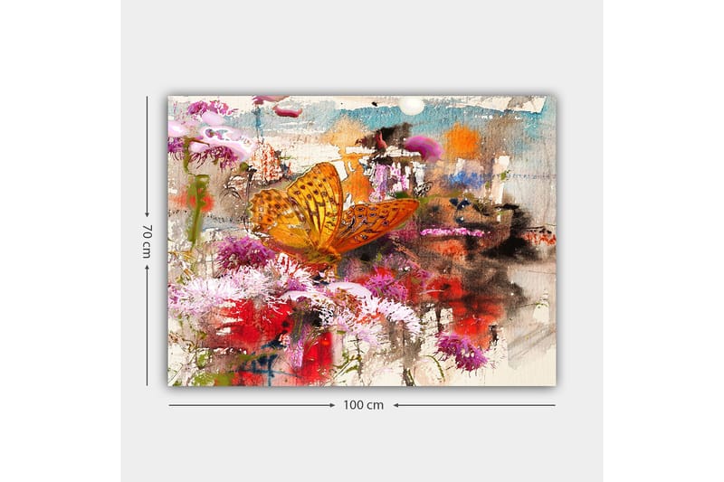 Canvastavla 70x100 cm - Färgglad fjäril som sitter på blommor i en livlig och abstrakt naturmiljö - Orange / Rosa / Röd - Inredning & dekor - Tavlor & konst - Canvastavla