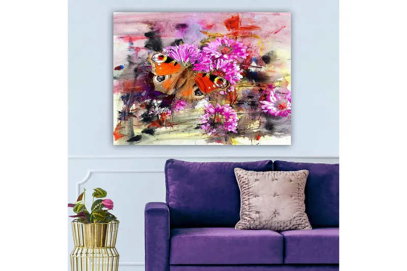 Canvastavla 70x100 cm - Färgglad fjäril som sitter på blommor i en abstrakt komposition - Orange / Rosa / Brun - Inredning & dekor - Tavlor & konst - Canvastavla