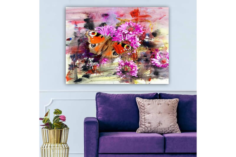 Canvastavla 70x100 cm - Färgglad fjäril som sitter på blommor i en abstrakt komposition - Orange / Rosa / Brun - Inredning & dekor - Tavlor & konst - Canvastavla