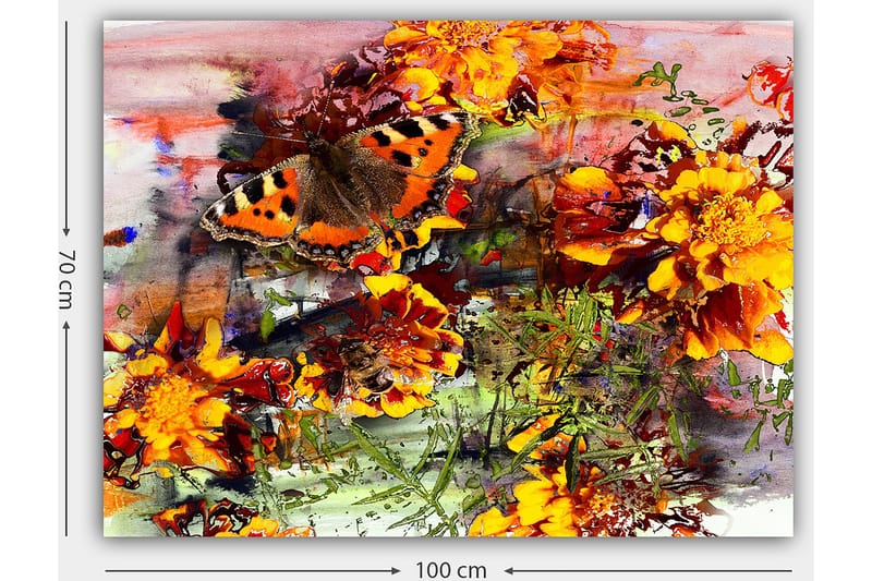 Canvastavla 70x100 cm - Färgglad fjäril som sitter på blommor i en livlig trädgård - Orange / Gult / Grönt - Inredning & dekor - Tavlor & konst - Canvastavla
