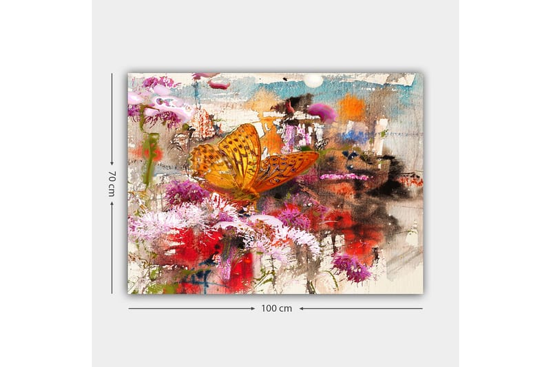 Canvastavla 70x100 cm - Färgglad fjäril som sitter på blommor i en livlig och abstrakt naturmiljö - Orange / Rosa / Röd - Inredning & dekor - Tavlor & konst - Canvastavla