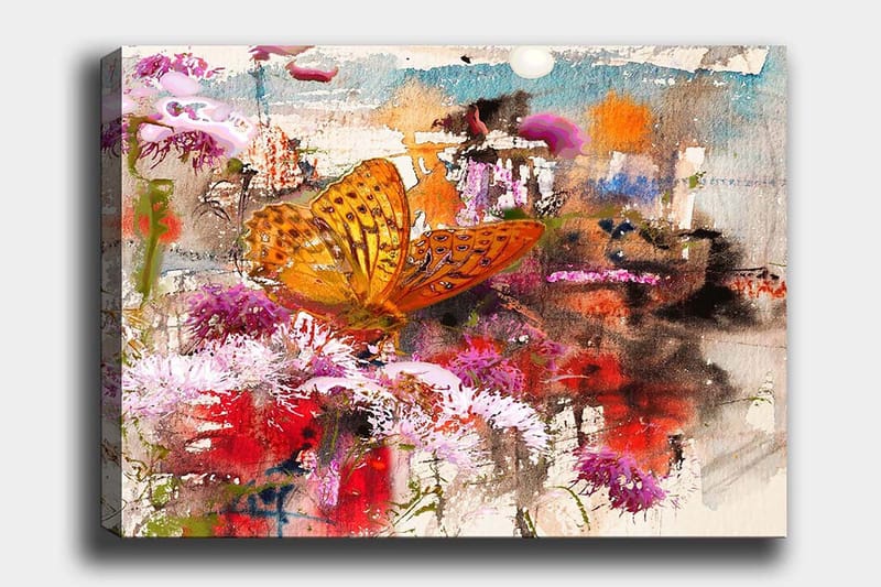 Canvastavla 70x100 cm - Färgglad fjäril som sitter på blommor i en livlig och abstrakt naturmiljö, Orange / Rosa / Röd