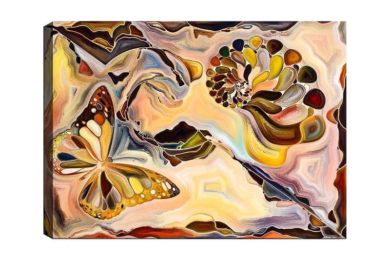 Canvastavla 70x100 cm - Färgglad fjäril som svävar över en spiralformad struktur i mjuka, organiska former - Guld / Brun / Orange - Inredning & dekor - Tavlor & konst - Canvastavla